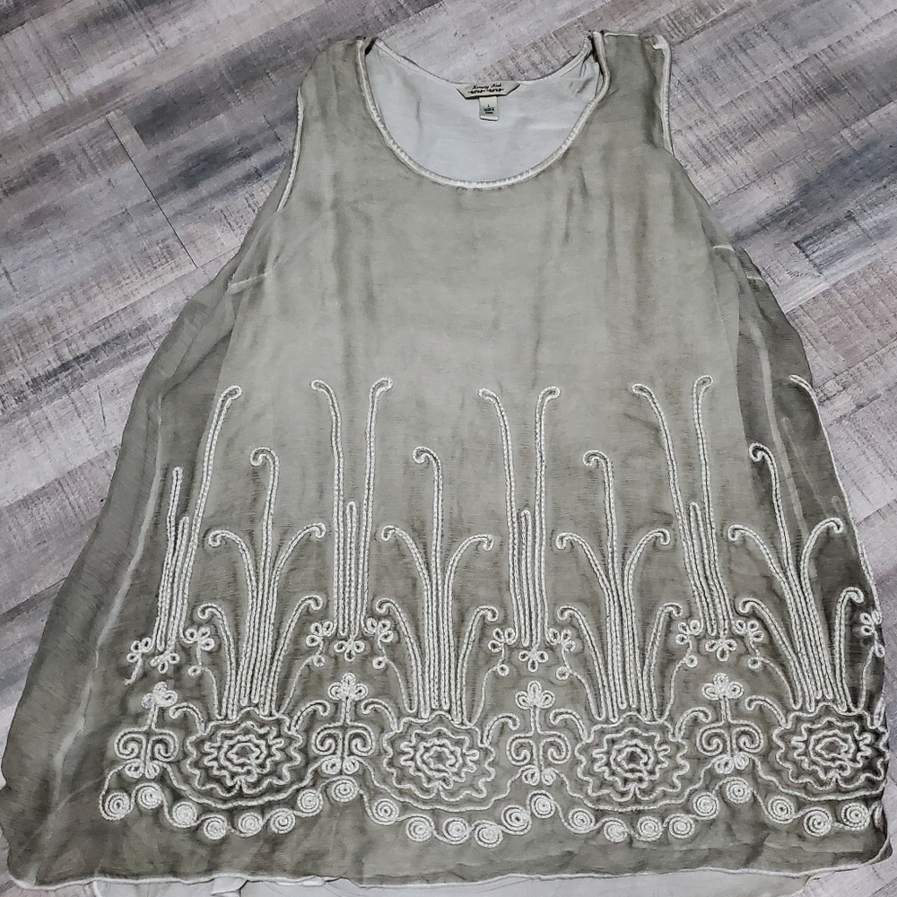Krazy Kat Embroidered Boho Layered Tank Tunic Large Sage Green